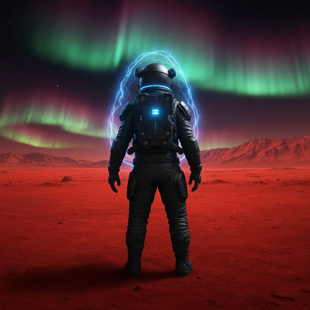 Astronaut in Symbiotic Suit on Mars surface with radiation storm